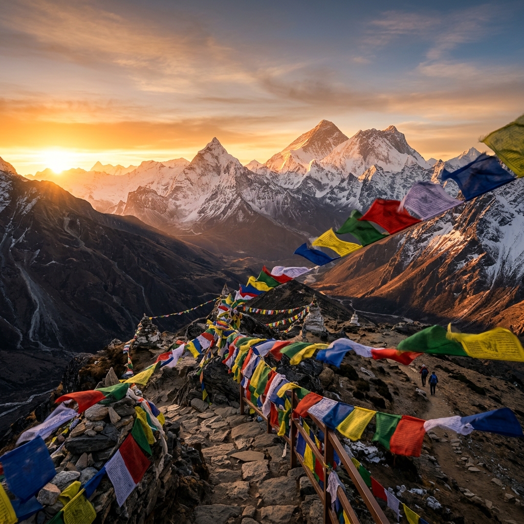 Majestic Himalayan Mountains with Buddhist Prayer Flags